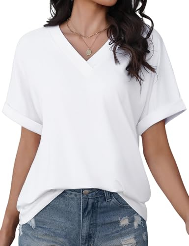 PASUDA Maglietta Donna Manica Corta T Shirt Scollo a V Magliette Elegante Ampia Maniche Corte Blusa Donna Estiva Camicia Top Casual Tee Abbigliamento Estivo Moda (Bianco, L)