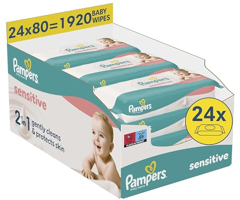 Pampers Sensitive Baby-Feuchttücher, 24 Packungen mit 80 Feuchttüchern 1920 Baby-Feuchttücher, 2-in-1 sanfte Reinigung und Hautschutz