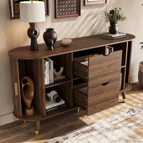 VIVCA Credenza con venature verticali, due ante scorrevoli, due cassetti, gambe in legno massello e mobile ad angolo arrotondato per il soggiorno