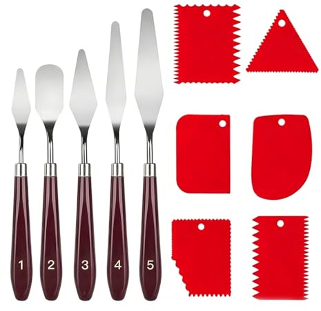 Set de 11 Spatule Peinture Acrylique 5 Couteaux Acier Inoxydable Grattoirs | Pour Art Et Mixage, Lames Flexibles, Manche Bois, Onze Pièces, Set, Atelier, Loisirs, Qualité, Professionnel, Bureau