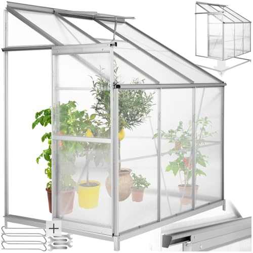 tectake® Lean to Greenhouse, 192x128x202 cm, Polycarbonate Aluminium Growhouse, UV-Resistant, Heat-Insulating, with Sliding Door & Window, for Fruit, Vegetables & Plants, Incl. Greenhouse Base