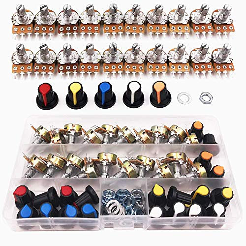 GTIWUNG 20 Stk. Linear-Potentiometer, Potentiometer Mono Linear B5K B10K B20K B50K B100K, Einzelpotentiometer, WH148 3Pin Dreh-Potentiometer mit Muttern und Unterlegscheibe