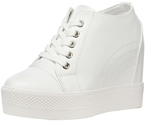 wealsex Kvinnors kompenserade sneakers PU-läder mesh spets sneaker, 11 cm vit, 38 EU