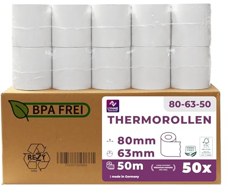 Termopappersrullar/kvittorullar/kassarullor 80mm x 50m x 12mm (80x63x12) för alla vanliga termopappers kassa-kvittoskrivare – BPA-fri