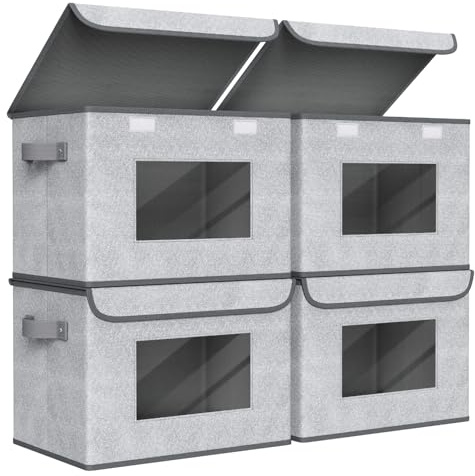 Univivi Fabric Foldable Storage Boxes [4-Pack] Large Collapsible Stackable Storage Bins with Lids, Closet Organizers and Storage Cube Basket for Home, Office, Bedroom (Gray, 17“ x 12” x 12)