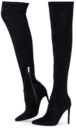 Elisabet Tang Thigh High Boots Over the Knee Boots for Women,Sexy 4.3 inch Stilettos High Heels Boots Stretch Suede Long Pointed Toe Shoes Black Suede Size 9