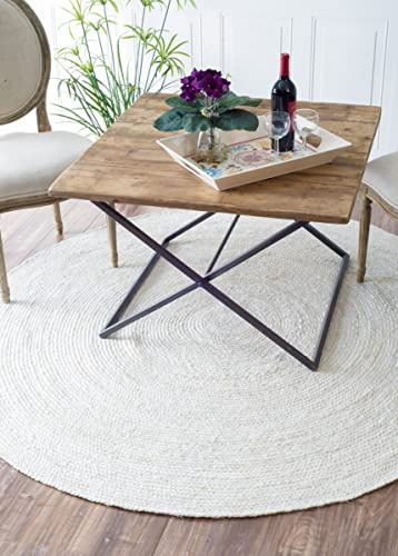 The Knitted Co. 100% Jute Area Rug 6 Feet - Braided Design Hand Woven Off-White Natural Fibers Carpet - Home Decor for Living Room Hallways (6' Round, Off-White)