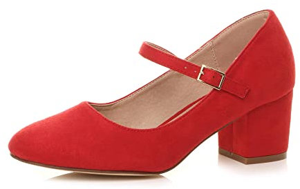 AJVANI Womens Ladies mid Block Heel Strap Work Evening Party Mary Jane Court Shoes Size 6 39 Red Suede