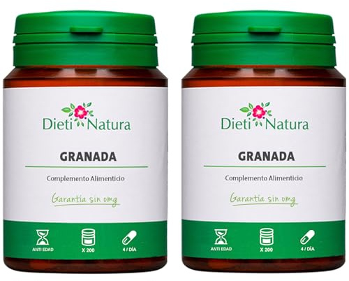 Dieti Natura Granada 200 Cápsulas (Pack de 2) - Antioxidante con Vitamina C, Polifenoles y Ácido Fólico - Fortalece las Defensas y el Organismo - Fabricado en Francia, Garantía Sin OGM
