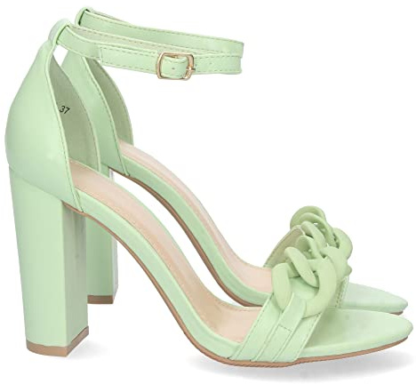 shoes&blues.es 71226 Sandalia de Tacon Alto para Mujer, Comodo, Pala con Cadena, y Cierre Ankle Strap de Hebilla, Primavera Verano 2023 Verde Talla 41