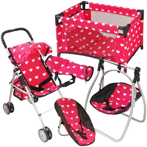 Deluxe Baby Doll Stroller with Crib Furniture Playset, Multi Baby Doll Accessories Set for 18 Dolls, Includes Doll Stroller Swing and Doll Bed Pretend Play for All Dolls - Pink
