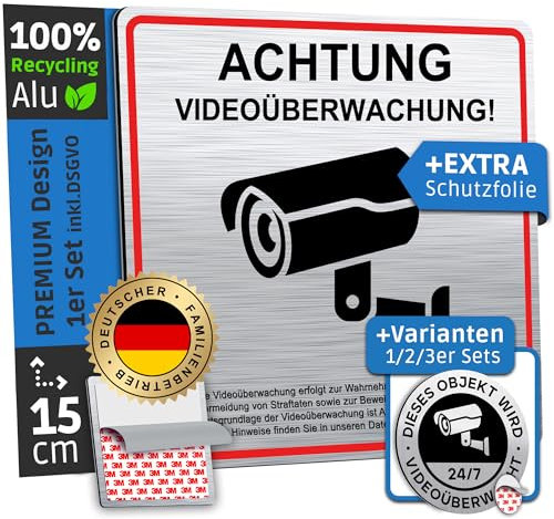 SCHILDERBOXX® Schild Videoüberwachung DSGVO [15x15cm, 100% Alu, 3M Tape] - Aufkleber Videoüberwacht Privatgrundstück, Kameraüberwachung Grundstück Video Überwacht, Achtung Kamera Überwachung