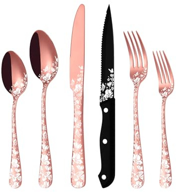 Stapava 24 Pcs Rose Gold Silverware with Steak Knives, Stainless Steel Copper Silverware Flatware Cutlery Set for 4, Include Forks Spoons and Knives set, Mirror Polished, Dishwasher Safe Utensils