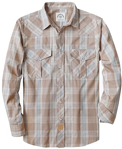 Dubinik Pearl Snap Shirts för män - Långärmad Western Vintage Rutiga tröjor, Blå & krämfärgad kaki, L