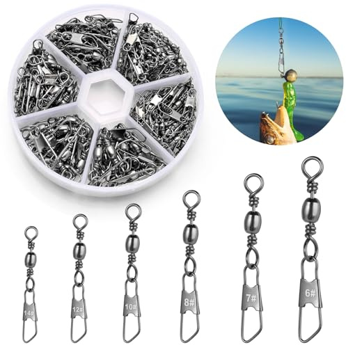 VEPEPE 100/200 Pezzi Anelli Solidi con Moschettone per Connettori Clip Girevoli Girelle da Pesca Trota Pesca in Acciaio Inox con Moschettone Girelle Canna da 6# 7# 8# 10# 12# 14# (200 Argento)