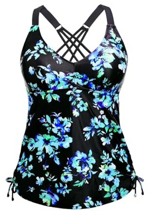 Tempt Me Women Blue Floral Tankini Top Only V Neck Swim Tops Tummy Control Bathing Suit Top No Bottom XXL