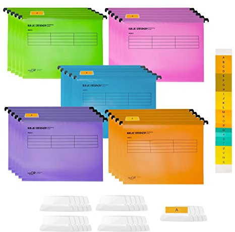 AZKEEGREY 25 Stück A4 Hängemappen, Polypropylen Hängeregister Mappen, Hängeordner mit Reitern und Karteneinsätzen für Schule Zuhause Büro Organisation (5 Farben)