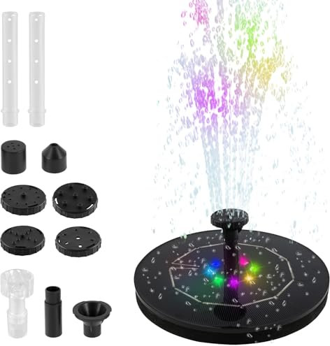 2024 Upgraded Solar Fountain Pump, 2.5W Solar Powered Water Feature with 8 Nozzles, DIY Solar Water Fountain Kit with LED Light,Floating Solar Water Pond Pump for Fish Tank Bird Bath (Round A)