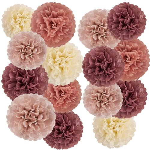 SUNBEAUTY Tissue Paper Pom Poms-Autumn Decorations Nature Brown Paper Flowers Decorations Dusty Rose Blush Pink Hanging Decor for Birthday Baby Shower Valentine Bachelorette Prom Boho Wedding -15Pcs