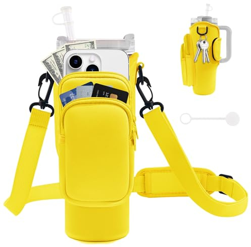 JEBEALUO Bolsa de transporte para botella de agua con bolsillo para teléfono para Stanley Cup de 40/30 onzas, soporte para botella de agua con correa ajustable y cubierta para popote, accesorios para