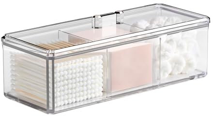 PAVSTINE Make Up Kosmetik Organizer 3 Fächern, Schminke Aufbewahrung mit Deckel, Wattestäbchen Behälter, Schmink Organizers für Schminktisch, Badezimmer, Transparent