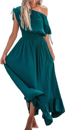 CUPSHE Women's Maxi Dresses Casual Summer Sundress Sleeveless Smocked One Shoulder Ruffled Long Beach Formal Dress Teal, XS