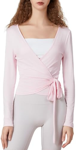 Siyova Women Long Sleeve Cross Wrap Tops Casual Slim Fitted Shirts Deep V-Neck Tie Tops Workout Pilates Ballet Yoga Gym Sports Top Cardigan (Pink, L)