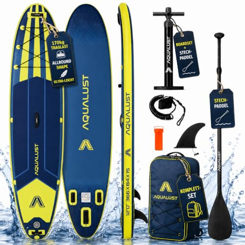 AQUALUST 12.0 iSUP Board Stand Up Paddle Set Tavola da surf gonfiabile, 365 cm, SUP 170 kg, blu (tavola + pagaia)