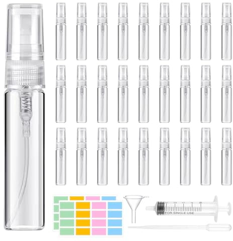 HIGA-JKL 30 unidades de 5 ml mini botella pulverizadora de niebla fina portátil botella pulverizadora de perfume botella pulverizadora de cristal transparente para viajes vacías con embudo pipetas y