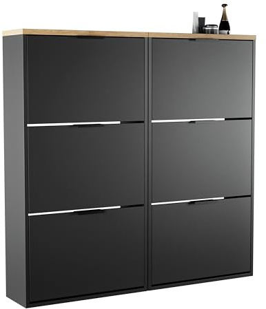 Planetmöbel 2 x Schuhschrank schmal mit 3 Klappen platzsparender Schuhregal mit 6 Ablagen, Schuhkommode für Diele, Flur, Garderobe 60 x 23 x 118 cm, schwarz