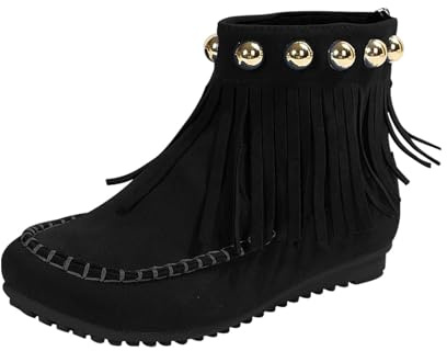 Stivaletti da donna UK, scarpe vintage piatte con frangia punta rotonda stivali da cowboy occidentali ampia larghezza calda scarpe corte rivetti antiscivolo stivali tradizionali casual per passeggiate