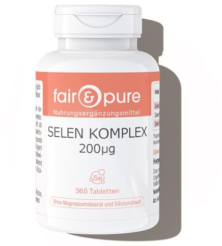 Fair & Pure Selen Komplex Compresse 200μg, 365 pezzi, integratore alimentare vegano senza additivi, prodotto in Germania