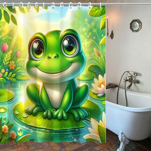 DJZAT Funny Green Frog Shower Curtain, Pond Lotus Shower Curtain, Bathroom Decor Waterproof Fabric Shower Curtains Sets with 12 Hooks, 72x72 Inch