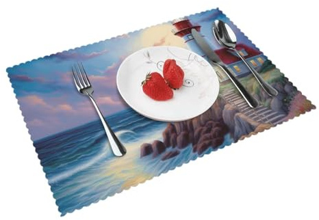 Lighthouse Diamond Painting Print Placemats Set of 4, 12 x 18 Inch Heat-Resistant Table Mats Washable Reusable Placemats for Kitchen Party Dining Decoration