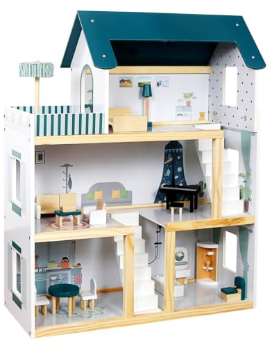 Grande maison de poupée en bois XXL – Villa de poupée avec 17 accessoires, 3 étages, ensemble de meubles, maison de rêve pour poupées, jouet de rôle pour enfants, 62 x 26,5 x 77 cm