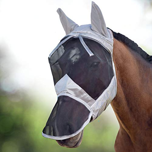 Harrison Howard CareMaster Pferde Fliegenmaske UV-Schutz Ohren und Nasenschutz Silber/Schwarz Pony (S)
