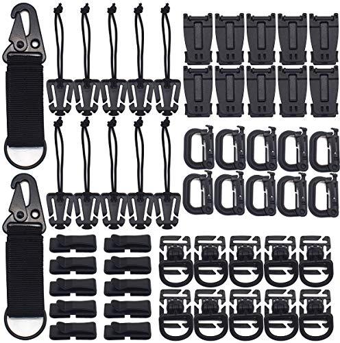 Tactical Attachments Set,RoadLoo 52 Pack Multipurpose Tactical Gear Carabiner Clip D-Ring Locking Water Tube Clip Web Dominator Buckle with Elastic String Molle Key Ring for Tactical Bags Backpack