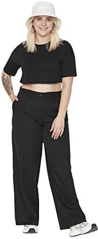 Trendyol Damen Gerade Weites Bein Hohe Taille Hosen In Plus Size Pants, Schwarz, 48 Große Größen EU