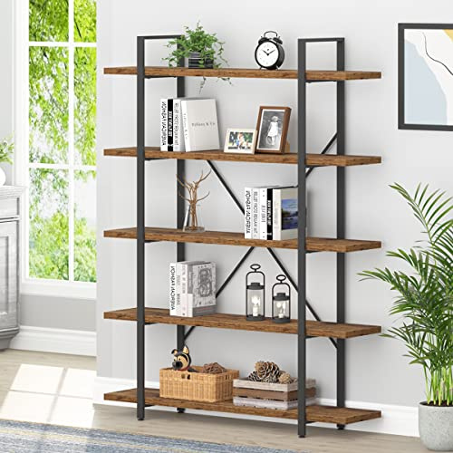 HSH Rustic Bookcases and Book Shelves 5 Shelf, Metal Wood 5 Tier Bookshelf and Storage Book Rack, Vintage Large Book Shelf for Bedroom Living Room Office,Open Vertical Display Etagere Book Case, Brown