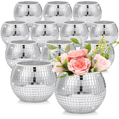 Jinei 12 Pcs Disco Vases Bulk Silver Mirror Disco Ball Flower Glass Ball Planter Candle Holder Glass Vase for Wedding Table Centerpieces Bedroom Office Birthday Decoration (3 X 4)