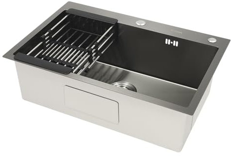 Lavello in acciaio inox con scolapiatti estensibili, Lavabo Sottopiano da cucina con filtro di scarico, Tubo di scarico a V