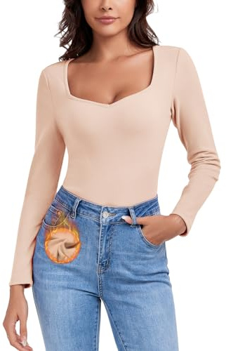 WOWENY Camiseta térmica de manga larga para mujer, de forro polar, con escote de cariño, elegante, camiseta térmica de manga larga, manga 3/4, cálida y cómoda, para invierno, Manga Larga Beige, L