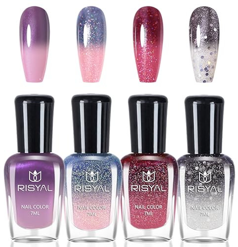 Farbwechselnder Nagellack Set - 4 Farben Temperaturgesteuerter Mit Glitzer - Rot, Schwarz, Rosa, Lila - Color Change Nail Polish für Nail Art, Kein UV (Bunt A)