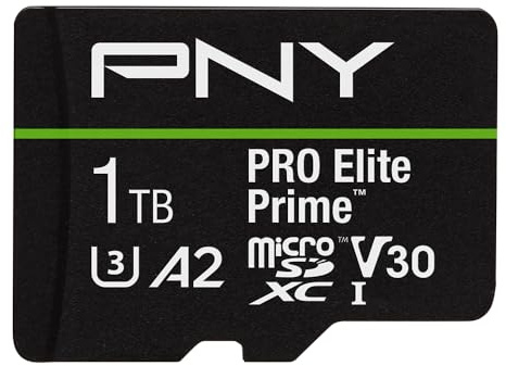 PNY Tarjeta microSDXC 1TB Pro Elite Prime Class 10 U3 V30 A2 + Adaptador SD - Hasta 200MB/s, Class 10, U3, V30, A2, 4K UHD, Full HD, UHS-I