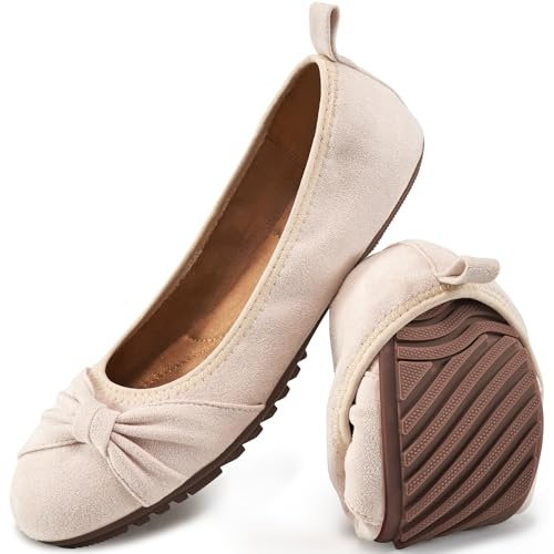 Ecetana Womens Flats Shoes Dressy: Round Toe Bowknot Suede Foldable Comfortable Casual Slip On Ballet Loafers Beige