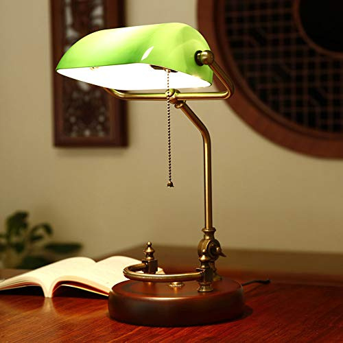 Vintage Bankers Desk Lamp, Adjustable Height, Solid Wood Base, Brass Finish, Green Glass Shade, Pull Chain Switch, Retro Traditional Style, Ideal for Office and Reading Room Lighting