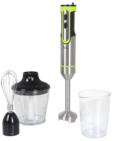 JATA JEBT1789 - Batidora de Mano 1200 W. Velocidad Ajustable. Función TURBO con 17.000 RPM. 4 Cuchillas Acero Inoxidable. Incluye Accesorios: Picadora, Batidor Varillas y Vaso de 500 ml
