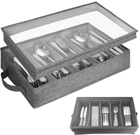 AXVRAV Portaposate con coperchio, rimovibile e 5 scomparti regolabili, 42,5 x 29 x 8 cm, impermeabile, antipolvere, portaposate, organizer per utensili, coltelli, forchette, cucchiai