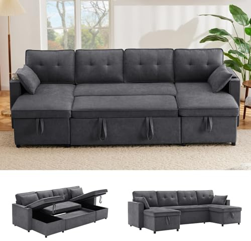 EURHCIO Canapé d'angle en U Convertible,4 Places,Canapé Lit Convertible avec 2 Coffres de Rangement et Porte-gobelets,Design Pliant,Fauteuil Lounge pour Salon (Gris-Coton Lin-D)