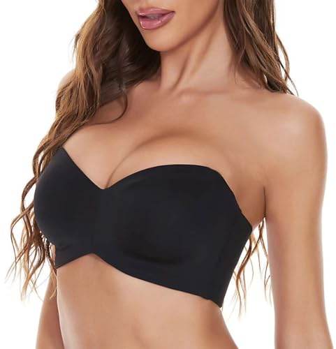 Strapless Bras for Women, Anti-Slip Unpadded Minimizer Bandeau Invisible Bralette Black